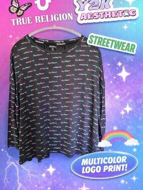 True Religion women’s Y2K Logo Print Long Sleeve Tee BLK Multicolor Script SZ L